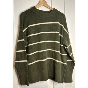 Aerie Womens XS Olive Green Cream Striped Oversized Crew Neck Knit Sweater